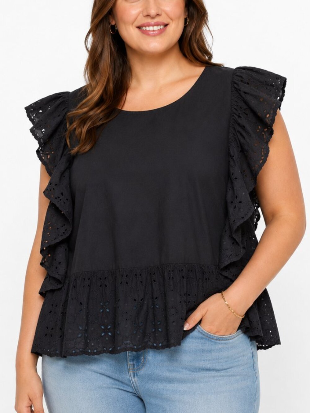 Who What Wear Black Eyelet Ruffle Sleeve Blouse